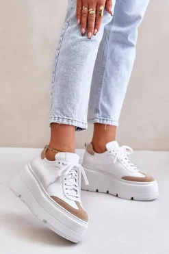 Skórzane Sneakersy Na Masywnej Platformie Lewski 3635/X Biało-Beżowe