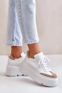 Skórzane Sneakersy Na Masywnej Platformie Lewski 3635/X Biało-Beżowe