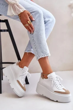 Skórzane Sneakersy Na Masywnej Platformie Lewski 3635/X Biało-Beżowe