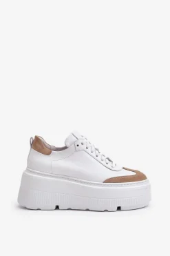 Skórzane Sneakersy Na Masywnej Platformie Lewski 3635/X Biało-Beżowe