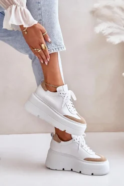 Skórzane Sneakersy Na Masywnej Platformie Lewski 3635/X Biało-Beżowe