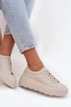 Skórzane Sneakersy Na Masywnej Platformie Beżowe Sylvessa