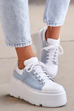 Skórzane Sneakersy Na Masywnej Platformie Jeansowe Lewski 3586 Białe