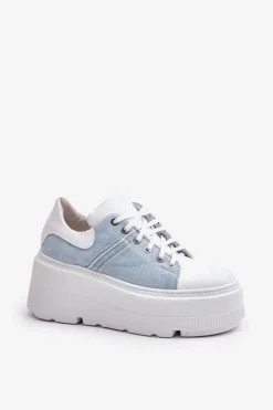 Skórzane Sneakersy Na Masywnej Platformie Jeansowe Lewski 3586 Białe