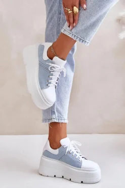 Skórzane Sneakersy Na Masywnej Platformie Jeansowe Lewski 3586 Białe