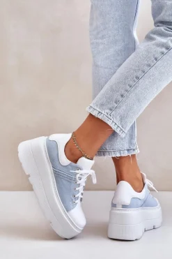 Skórzane Sneakersy Na Masywnej Platformie Jeansowe Lewski 3586 Białe