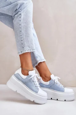 Skórzane Sneakersy Na Masywnej Platformie Jeansowe Lewski 3586 Białe