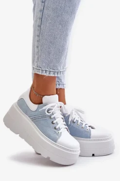 Skórzane Sneakersy Na Masywnej Platformie Jeansowe Lewski 3586 Białe