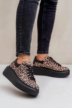 Skórzane Sneakersy Na Platformie W Panterkę Zazoo 3346 Brązowo-Czarne