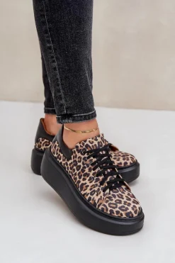 Skórzane Sneakersy Na Platformie W Panterkę Zazoo 3346 Brązowo-Czarne