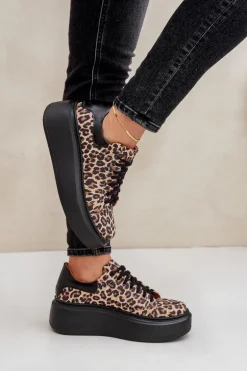 Skórzane Sneakersy Na Platformie W Panterkę Zazoo 3346 Brązowo-Czarne