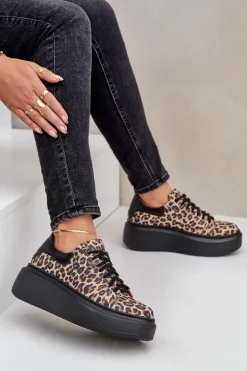 Skórzane Sneakersy Na Platformie W Panterkę Zazoo 3346 Brązowo-Czarne