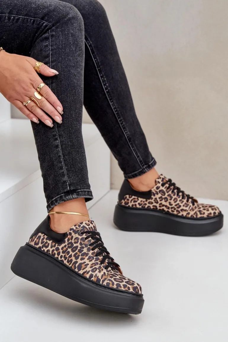 Skórzane Sneakersy Na Platformie W Panterkę Zazoo 3346 Brązowo-Czarne