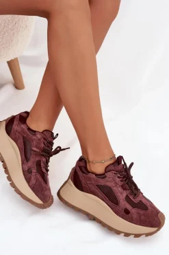Skórzane Sneakersy Na Platformie Damskie Big Star SS274625 HI-POLY SYSTEM Bordowe