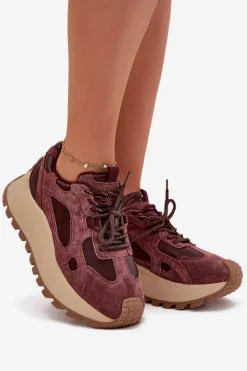 Skórzane Sneakersy Na Platformie Damskie Big Star SS274625 HI-POLY SYSTEM Bordowe