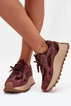 Skórzane Sneakersy Na Platformie Damskie Big Star SS274625 HI-POLY SYSTEM Bordowe