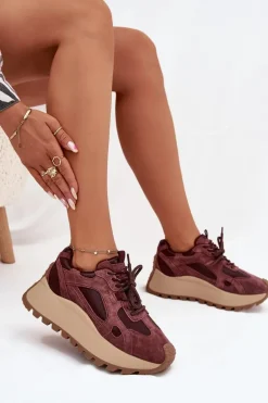 Skórzane Sneakersy Na Platformie Damskie Big Star SS274625 HI-POLY SYSTEM Bordowe