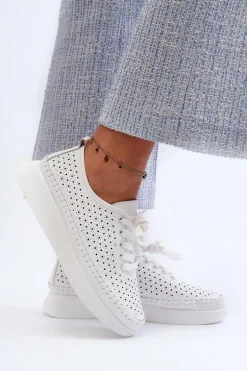 Skórzane Sneakersy Na Platformie S.Barski LR278 Białe