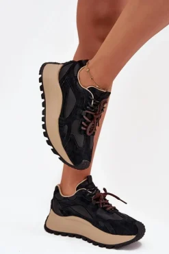 Skórzane Sneakersy Na Platformie Damskie Big Star SS274628 HI-POLY SYSTEM Czarne