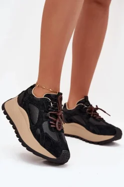 Skórzane Sneakersy Na Platformie Damskie Big Star SS274628 HI-POLY SYSTEM Czarne