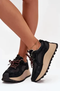 Skórzane Sneakersy Na Platformie Damskie Big Star SS274628 HI-POLY SYSTEM Czarne