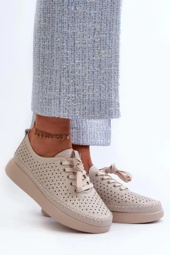 Skórzane Sneakersy Na Platformie S.Barski LR278 Beżowe