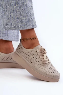 Skórzane Sneakersy Na Platformie S.Barski LR278 Beżowe