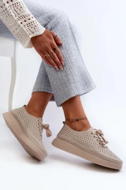 Skórzane Sneakersy Na Platformie S.Barski LR278 Beżowe