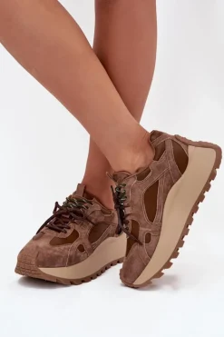 Skórzane Sneakersy Na Platformie Damskie Big Star SS274626 HI-POLY SYSTEM Camel