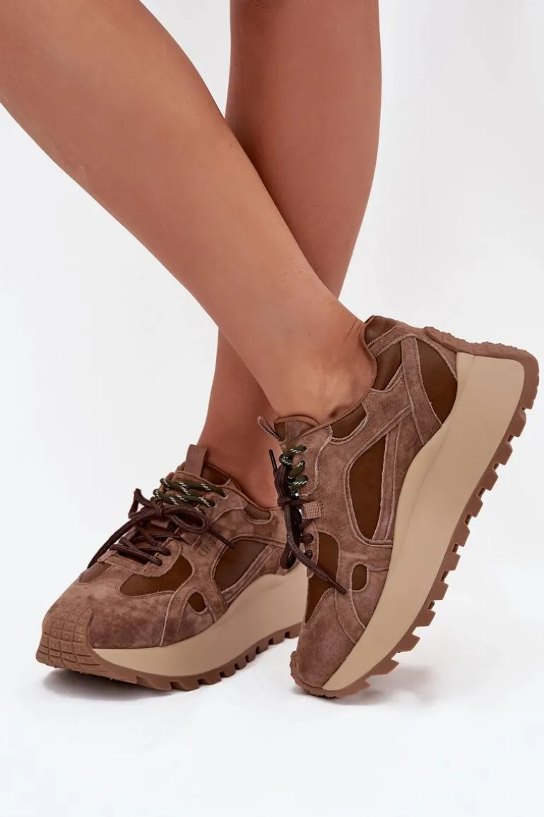 Skórzane Sneakersy Na Platformie Damskie Big Star SS274626 HI-POLY SYSTEM Camel