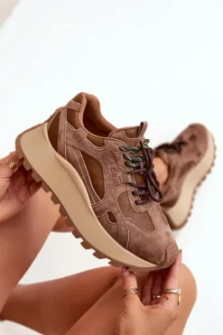 Skórzane Sneakersy Na Platformie Damskie Big Star SS274626 HI-POLY SYSTEM Camel