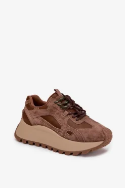 Skórzane Sneakersy Na Platformie Damskie Big Star SS274626 HI-POLY SYSTEM Camel
