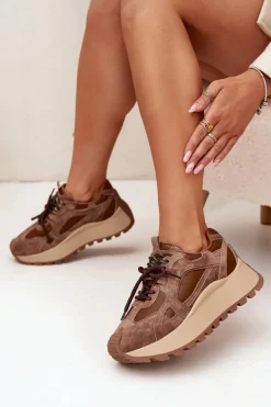 Skórzane Sneakersy Na Platformie Damskie Big Star SS274626 HI-POLY SYSTEM Camel