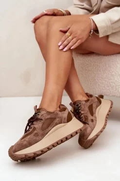 Skórzane Sneakersy Na Platformie Damskie Big Star SS274626 HI-POLY SYSTEM Camel