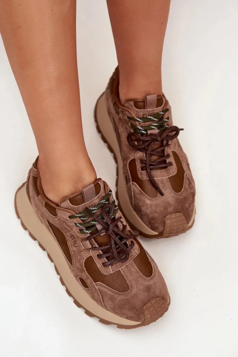 Skórzane Sneakersy Na Platformie Damskie Big Star SS274626 HI-POLY SYSTEM Camel