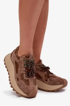 Skórzane Sneakersy Na Platformie Damskie Big Star SS274626 HI-POLY SYSTEM Camel