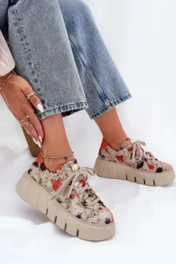 Skórzane Sneakersy Na Platformie Maciejka 06891-18 Beżowe