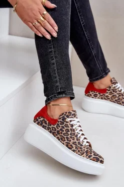 Skórzane Sneakersy Na Platformie W Panterkę Zazoo 3346 Brązowo-Czerwone