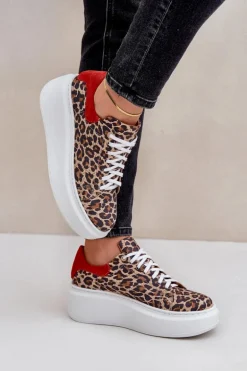 Skórzane Sneakersy Na Platformie W Panterkę Zazoo 3346 Brązowo-Czerwone