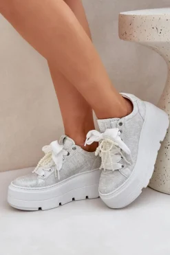 Skórzane Sneakersy Na Platformie CheBello 4658 Srebrne