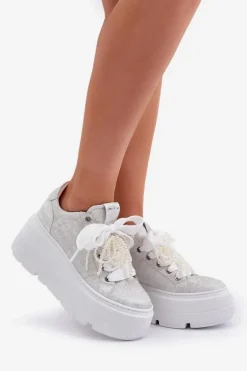 Skórzane Sneakersy Na Platformie CheBello 4658 Srebrne