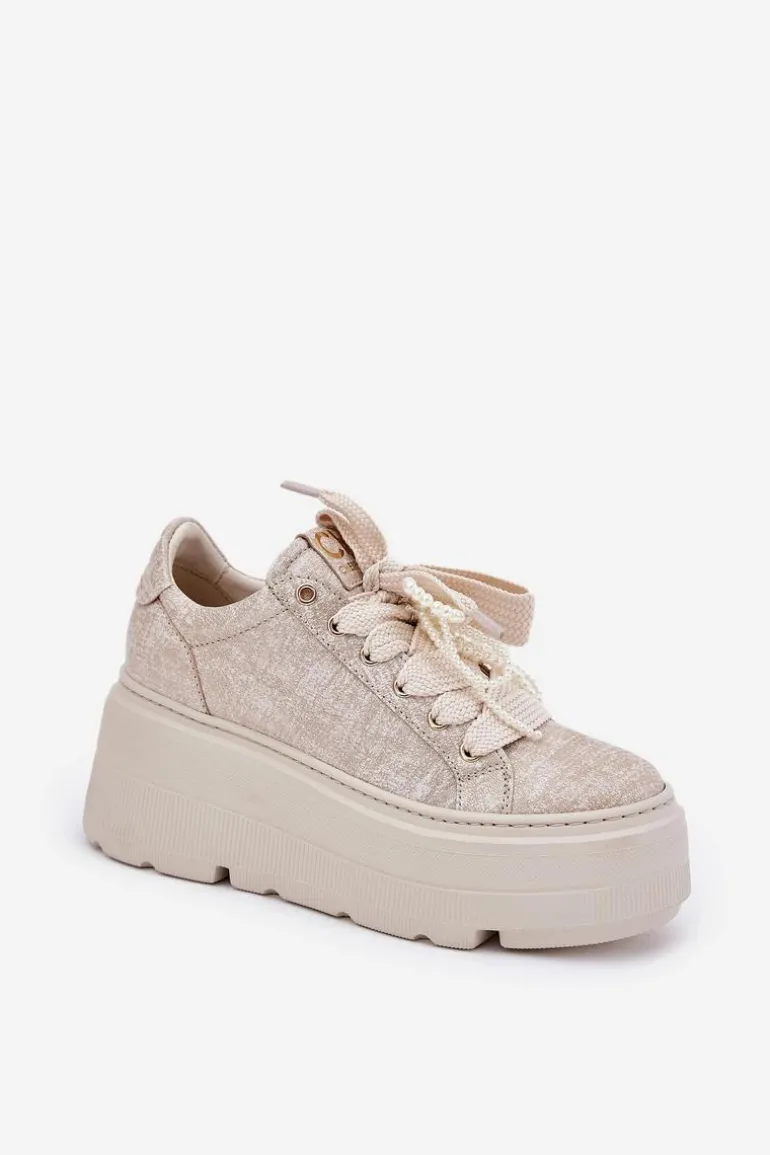 Skórzane Sneakersy Na Platformie CheBello 4658 Złote