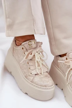 Skórzane Sneakersy Na Platformie CheBello 4658 Złote