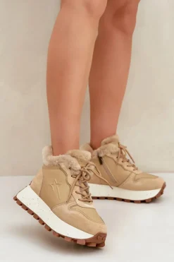 Skórzane Sneakersy Trapery Damskie Z Futerkiem Na Platformie Big Star OO274A330 Beżowe