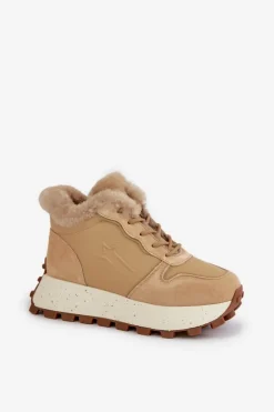 Skórzane Sneakersy Trapery Damskie Z Futerkiem Na Platformie Big Star OO274A330 Beżowe