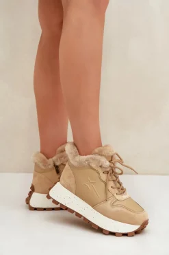 Skórzane Sneakersy Trapery Damskie Z Futerkiem Na Platformie Big Star OO274A330 Beżowe