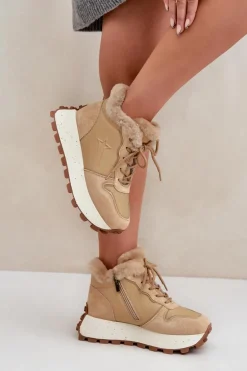 Skórzane Sneakersy Trapery Damskie Z Futerkiem Na Platformie Big Star OO274A330 Beżowe