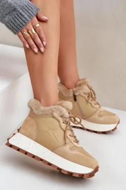 Skórzane Sneakersy Trapery Damskie Z Futerkiem Na Platformie Big Star OO274A330 Beżowe