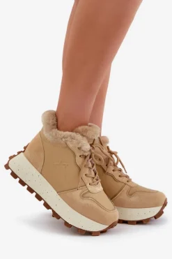 Skórzane Sneakersy Trapery Damskie Z Futerkiem Na Platformie Big Star OO274A330 Beżowe