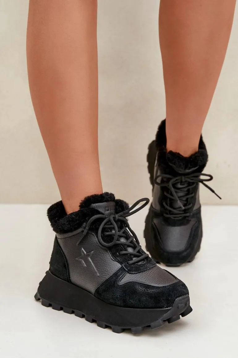 Skórzane Sneakersy Trapery Damskie Z Futerkiem Na Platformie Big Star OO274A329 Czarne
